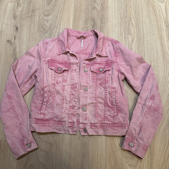 Free People X We The Free Rumors Denim Jacket Pink Acid Wash Women's Small EUC - Picture 4 of 8